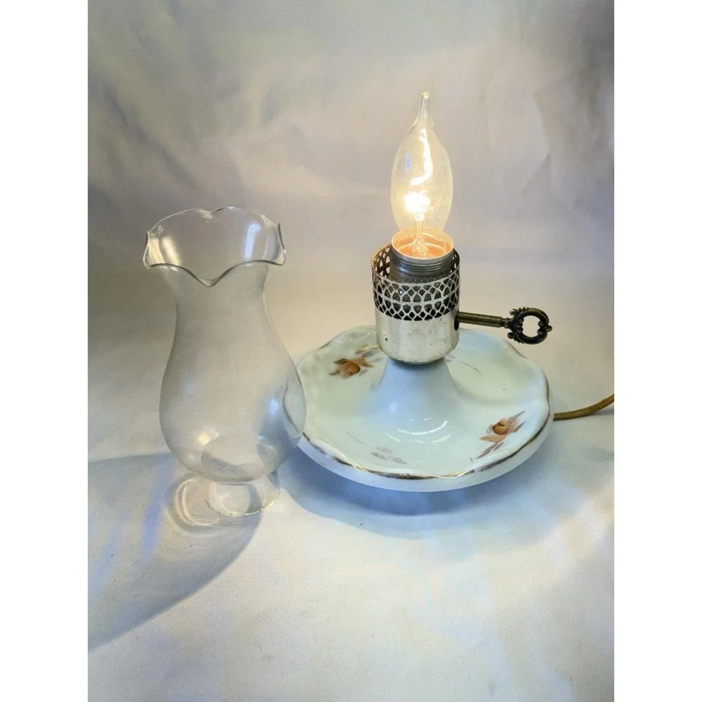 Milk Glass Hurricane Vanity Table Lamp Cottagecore Style Ruffled Clear Chimney